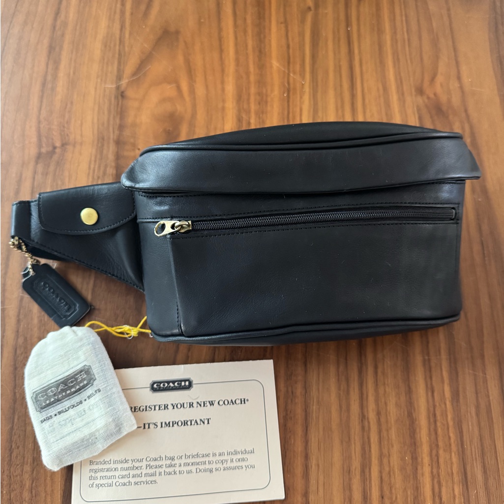 90’s Vintage Coach Black Leather Belt Bag With Gold Hardware